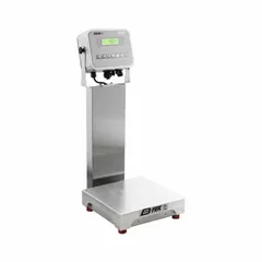 This B-TEK food scale features an 18 in x 18 in weighing surface, 26 in overall height, and LCD display. Readability is 0.005 kg/5 g/0.01 lb/0.16 oz. IP66 rated with RS-232 port. Suitable for washdown applications in food processing and commercial kitchens.