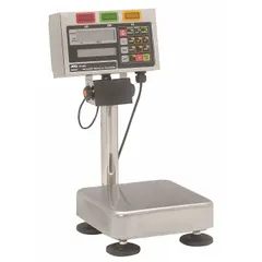 This bench scale features a column-mounted indicator and a stainless steel weighing surface. It offers readability of 0.005 kg/1 g/0.01 lb and includes an RS-232 port. The IP65 rating allows use in environments requiring washdown protection. Suitable for industrial weighing tasks where accuracy and resistance to moisture are needed.