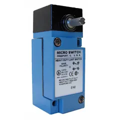 Rotary-motion limit switch from the HDLS series with a metallic body and screw terminals. Features a rotary lever actuator, momentary action, 15° pretravel, 60° overtravel, and 5° differential travel. Used for position sensing and control in industrial machinery.