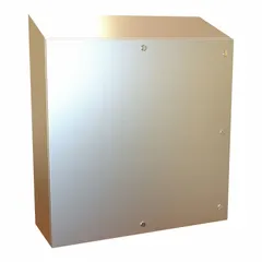 This 304 stainless steel enclosure measures 36 x 36 x 12 inches and is rated NEMA 12/13/3R/4/4X for indoor and outdoor use. It features a hinged door with a 1/4-turn latch and does not include knockouts. Suitable for protecting electrical controls, terminals, and instruments in environments requiring corrosion resistance and washdown capability.