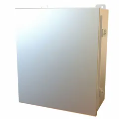 This stainless steel enclosure measures 14 x 12 x 6 inches and includes an inner panel. It features clamp closure and is rated NEMA 12/13/3R/4/4X, suitable for protecting electrical controls, terminals, and instruments in indoor or outdoor environments where resistance to dust, water, and corrosion is required.
