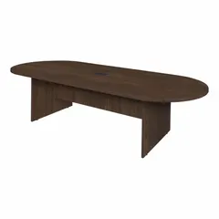 Laminate/melamine oval conference table in Neo Walnut finish. Overall length 120 inches, overall width 47 inches. Slab leg design with PVC edge banding. Suitable for meeting rooms and collaborative workspaces.
