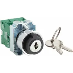 This panel-mounted key switch features a 3-position maintained/maintained/maintained switch action with key removal in the center position. It has a 2NO contact form and is designed for secure equipment mode selection in industrial control panels.