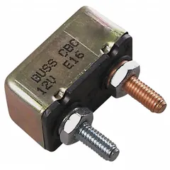 The BUSSMANN CBC-15 is a heavy duty circuit breaker with a stud terminal connection, rated for 14V DC and an interrupt rating of 1.5 kA at 14V DC. It provides overcurrent protection in DC electrical systems, suitable for automotive, truck, bus, and off-highway vehicle applications.