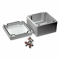 This HAMMOND enclosure is made of die-cast aluminum and measures 4 in x 4 in x 3 in. It is rated NEMA 12/13/4/4X/6/6P for protection against dust, water, and corrosion. The screw-on closure method secures the lid, and knockouts are not included. Typical applications include housing electrical controls, terminals, and instrumentation in industrial, marine, and outdoor environments.