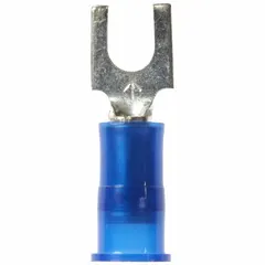 Blue nylon insulated fork terminal for #8 studs, accepting 16 AWG to 14 AWG wire. Standard fork configuration with insulation grip barrel, rated 600 V. Used for secure connections in control panels, machinery, and industrial equipment.