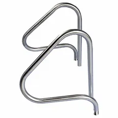 This stainless steel pool grab bar features fixed legs and a 17 in setback, with a 1.9 in diameter and 0.065 in wall thickness. It is constructed from 304L stainless steel with an electropolished silver finish. Suitable for use in pools, spas, and aquatic facilities to assist with entry and exit.