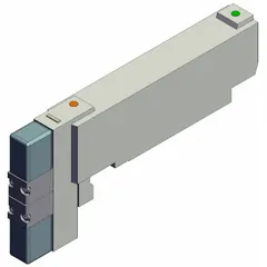 Double-solenoid directional control valve, five-way / three-position with closed center. Rated for 24V DC, maximum flow 15.77 scfm. Plug-in electrical connection with non-locking manual override. Used in pneumatic systems to control actuator direction and mid-position stopping.