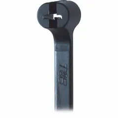 Black nylon cable tie for outdoor use, 8-inch nominal length, 0.1-inch width, with a 2-inch nominal maximum bundle diameter. Supplied in packs of 1,000. Suitable for bundling and securing wires and cables in outdoor environments such as electrical panels and solar installations.