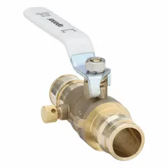 Straight brass ball valve with drain for PEX plumbing systems. Features a lever handle and PEX x PEX connections. Rated for maximum pressure of 250 psi (CWP). Suitable for shut-off and draining in hydronic heating, potable water, and radiant floor applications.