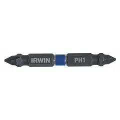 Double-ended power driver bit with PH1 Phillips tip on side 1. Hex shank for secure fit in power tools. Sold as a 2-pack. Suitable for driving Phillips-head screws in assembly, woodworking, and metal fastening tasks.