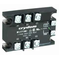 Panel-mounted solid state relay with SCR AC output, rated 48-530 VAC and 50 A maximum. DC input current 35 mA, Form A (SPST-NO) switch configuration, and saddle-clamp electrical connections. Finger-safe design; requires external heat sink for operation.