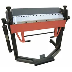 This manual box and pan brake has a 40-inch maximum bending width and 12-gauge sheet metal capacity in steel. It operates via a hand lever and forms bends on both the top and bottom edges. Suitable for bending sheet metal in fabrication, HVAC, and light industrial applications.