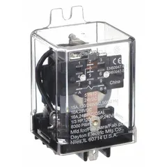 This Dayton surface-mounted relay features a 24V DC coil and SPDT contact configuration rated for 15A at 28V DC. It mounts via side flange and has 5 solder terminals for electrical connection. Suitable for general-purpose switching in control panels and automation systems.