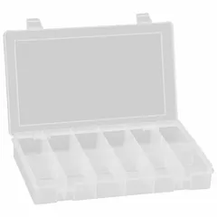 This clear plastic compartmented box features 12 fixed compartments, each 1-11/16 in x 3 in, for organizing small parts. The snap closure secures contents, and the transparent body allows quick visual identification. Suitable for storing hardware, electronic components, or craft supplies in workshops or assembly areas.