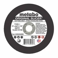 METABO Abrasive Cut-Off Wheel: Type 1, 5" x 0.04" x 7/8", Aluminum Oxide, 60 Grit, A60TZ (MPN 655334000)