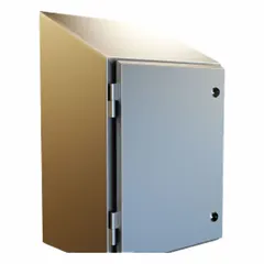 This 304 stainless steel sloped top enclosure measures 65 x 36 x 12 inches and is rated NEMA 12/13/3R/4/4X for protection against dust, water, and corrosion. It features a hinged door with a 1/4-turn latch closure and does not include knockouts. Suitable for housing electrical controls and instrumentation in indoor or outdoor environments requiring washdown or corrosion resistance.