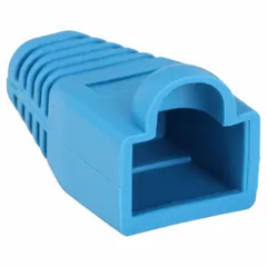 This strain relief boot is designed for RJ45 modular connectors used with Category 5 cables. It helps protect cable terminations from bending and pull stress, extending connector life. The simplex boot is blue and comes in a 50-pack. Suitable for use in structured cabling, patch panels, and equipment installations.
