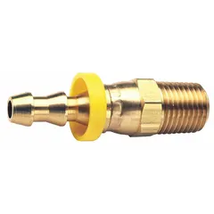 This brass push-on barbed hose fitting connects hoses to equipment for air, water, or chemical transfer. It features a 3/8 in x 3/8 in male x male swivel straight configuration with a Hose Barb x NPTF connection type.