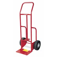 Straight-frame hand truck designed for manual transport of steel containers. Handles 5, 30, and 55 gallon capacities. Overall dimensions 48 in x 22-1/2 in x 20 in. Equipped with pneumatic rubber wheels for movement on uneven surfaces.
