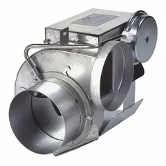 Pipe-mount exhaust draft inducer for natural-gas furnaces, designed for 4 in to 4 in pipe. Operates on 115V AC, 60 Hz, single phase, 2.1 A, with a steel wheel. Delivers 0.691 cfm at 0.0 in SP. Includes a 4 in MG-1 Draft Control. cETLus Listed.