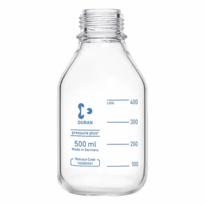 DURAN Laboratory Bottle: 500 mL, Closure Material: HDPE – Closure Liner Material: Unlined Cap - Clear Wide Mouth Round Glass Lab Bottles