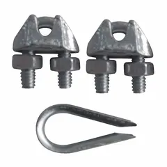 This clip and thimble kit is used to form secure eyes on wire rope ends for lifting, rigging, and towing applications. It is designed for 1/4-inch compatible rope diameter. The steel clip and steel thimble provide a reliable termination. Rope turnback length is 4 3/4 inches.