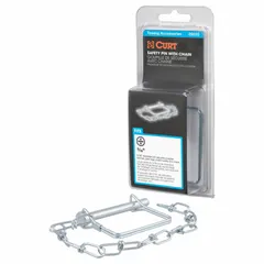 This steel trailer hitch pin has a 3/8 in diameter, 3 in overall and usable length, and a zinc-plated finish for corrosion resistance. It includes a 12 in chain to prevent loss during coupling or uncoupling. Used to secure a trailer coupler to a hitch receiver.