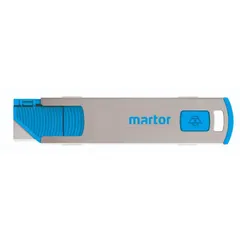Automatic retracting utility knife with a plain stainless steel blade and stainless metal body in blue/silver finish. Button-activated mechanism retracts blade automatically for safety. Overall width 1 inch. Suitable for cutting cardboard, plastic strapping, shrink wrap, and packaging materials.