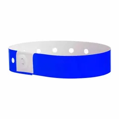Plastic security wristband in blue, supplied in a 500-pack. Each wristband measures 10 inches in overall length and 5/8 inch in overall width. Suitable for access control, event management, and patient identification.