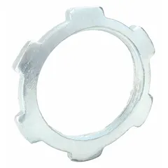 Steel locknut with zinc plating for 3/4 in trade size threaded rigid metal conduit (RMC) and intermediate metal conduit (IMC). Used to secure conduit to boxes or enclosures, providing mechanical retention and grounding continuity.