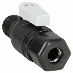This Parker manual two-way ball valve features a 3/8 in polypropylene body with a full port ball port and a lever handle. It has a straight configuration with Sweat x MNPT connections. The valve is NSF 51 compliant, making it suitable for potable water and food-grade applications in polypropylene piping systems.