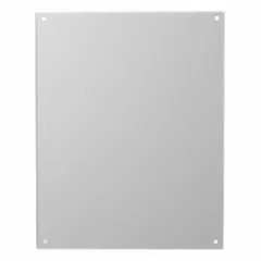 Steel interior mounting panel for use within electrical enclosures. Provides a grounded surface for securing industrial components such as terminal blocks, relays, and drives. Overall height 21 inches, overall width 13 inches.