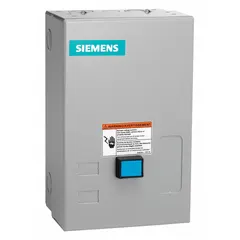 This enclosed non-reversing starter with electronic overload is rated 45 A, NEMA Size 2, with three poles and a 24V AC coil. It includes screw terminals, a pilot light, and two 1NO auxiliary contacts. Suitable for starting and protecting three-phase motors in applications such as conveyors, pumps, and compressors.