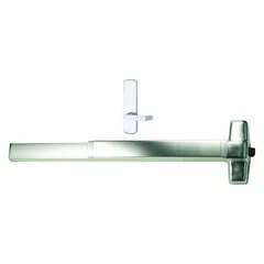 This rim-type exit device features a touchbar push pad and lever outside trim, constructed of aluminum. It is ADA compliant and suitable for commercial doors up to 3 ft wide, providing reliable egress in facilities such as offices, schools, and retail stores.