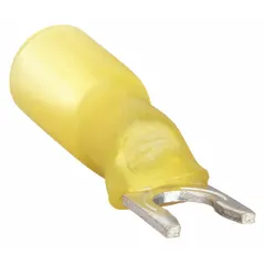 Yellow heat shrink insulated locking fork terminal for #10 stud size, accepting 12 AWG to 10 AWG wire. Features a strain relief barrel style. Used for secure wire connections in control panels, motor starters, and power distribution equipment.