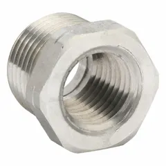 Straight pipe fitting with 1/4 in female NPT and 3/8 in male NPT threaded connections. Rated for 2,176 psi. Used in high-pressure pneumatic and hydraulic systems for connecting or adapting lines.
