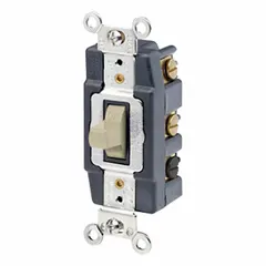 This toggle wall switch is a double-pole, double-throw maintained type rated 20 A at 120/277V AC. It is used to control two separate circuits from one location, with the switch staying in the selected position until manually changed. The ivory finish suits standard wall plates. Typical applications include industrial lighting and motor control.