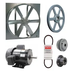 Unassembled belt-drive panel exhaust fan with a 48-inch blade, 2 hp motor, and 27,474 cfm capacity. Features a zinc-plated steel frame, totally enclosed fan-cooled motor with Class F insulation, and operates on 115/230V AC single-phase power. Suitable for high-volume air movement in industrial and commercial ventilation applications.