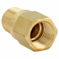 Brass inline piston check valve with 1/2 in pipe size and MNPT x FNPT connections. Spring-loaded piston design prevents backflow in piping systems. Suitable for water, oil, and gas applications in plumbing, pneumatic, and hydraulic systems.