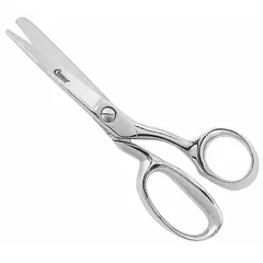 These all-metal offset scissors feature 6-inch straight steel blades with pointed tips and a silver finish. The offset handle design provides ergonomic cutting control. Suitable for general cutting tasks in upholstery and fabric work.