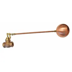 This float valve assembly is designed for automatic water level control in tanks and reservoirs. It features a straight bronze valve body with FNPT inlet and outlet connections, an adjustable arm, and horizontal piping mounting. The assembly includes a float and rod with 1/4" NPT rod thread, delivering a flow rate of 100 gpm at 60 psi.