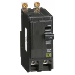 Bolt-on miniature circuit breaker from the QOB Series, rated 100 A at 120/240V AC, single-phase, with a maximum interrupting rating of 10kA at 120/240V AC. This 2-pole unit provides overcurrent protection in branch circuits and is designed for use in Square D NQOD panelboards.