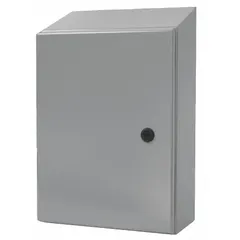 This steel washdown enclosure measures 24 x 20 x 8 inches and is rated NEMA 12/13/3R/4, suitable for indoor or outdoor use where protection from dust, falling dirt, dripping water, rain, sleet, snow, and hose-directed water is required. It features a solid hinged cover secured with a 1/4-turn latch. Knockouts are not included. Typical applications include housing electrical controls and instruments in industrial environments requiring washdown or corrosion resistance.