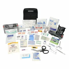 Bleeding control kit serving 2 people with 99 components organized in 6 pockets. Includes 4 in Israeli bandages for wound dressing. Housed in a nylon material for portability and quick access in emergency situations.