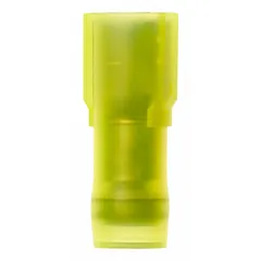 Fully insulated female quick-disconnect socket with yellow nylon full-coverage insulation. Accepts 12 AWG to 10 AWG wire. Used for making removable electrical connections in control panels, appliances, and wiring systems.