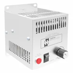 Fan-forced heater for electrical enclosures, rated 1300W at 120V. Includes a built-in thermostat for automatic temperature control. Used to prevent condensation and maintain stable temperatures inside enclosures housing sensitive controls, relays, and instrumentation.