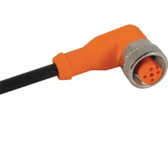 Single-ended cordset with M12 female right-angle connector on one end and bare wire on the other. Features 5 pins, 22 AWG wire, 4 A max current, and IP67 rating. Black PUR jacket designed for twisting applications in industrial automation.