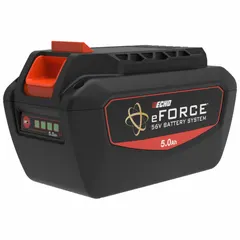 ECHO eFORCE® 56V DC cordless tool battery with 5 Ah capacity. Includes one battery and one charger. Powers outdoor power equipment on the eFORCE® platform such as trimmers, blowers, and chainsaws for landscaping and grounds maintenance.