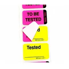 Paper inspection label with green and pink rectangle design, printed in English. Measures 1 in height. Supplied in a 250-pack. Used for marking items or areas that require quality control attention in industrial or facility settings.